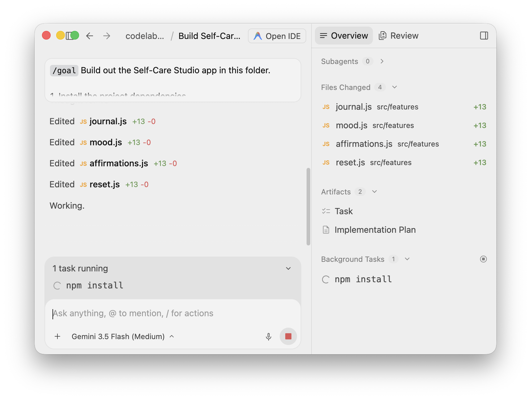 All four feature modules edited — Files Changed shows journal, mood, affirmations, and reset — while npm install is still running as a background task