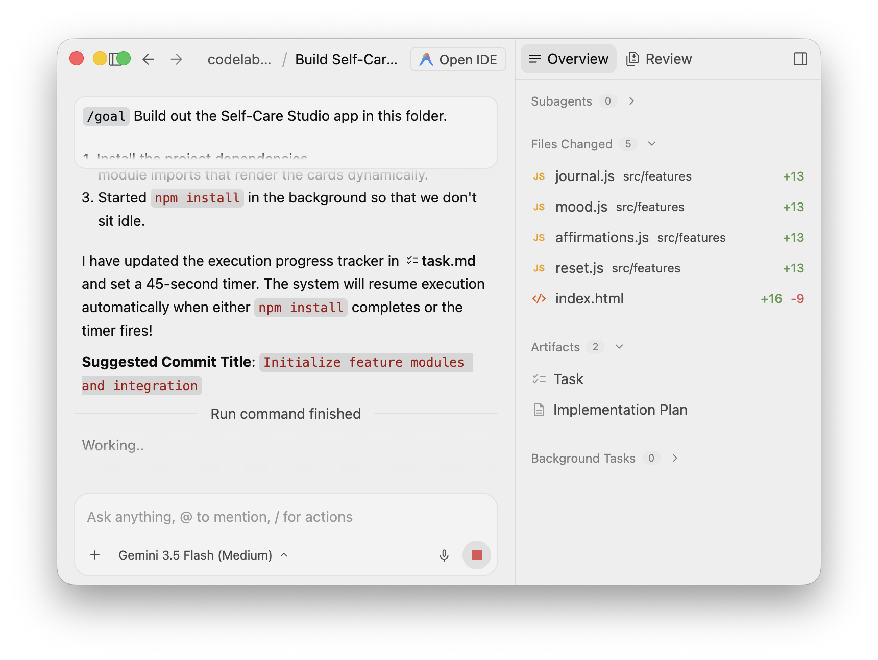 The agent explains it started npm install in the background with a 45-second timer to resume automatically; Background Tasks is now empty and index.html is among the files changed