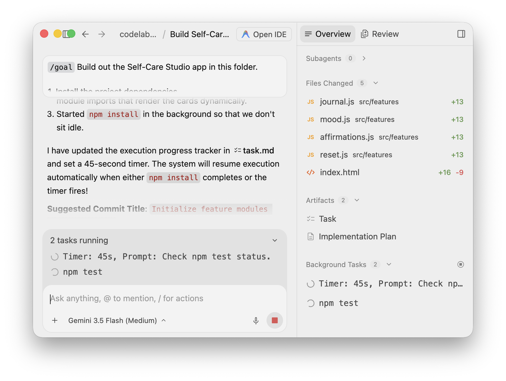 Two background tasks running at once — &ldquo;Timer: 45s, Prompt: Check npm test status&rdquo; alongside &ldquo;npm test&rdquo; — the agent polling a long task instead of blocking on it