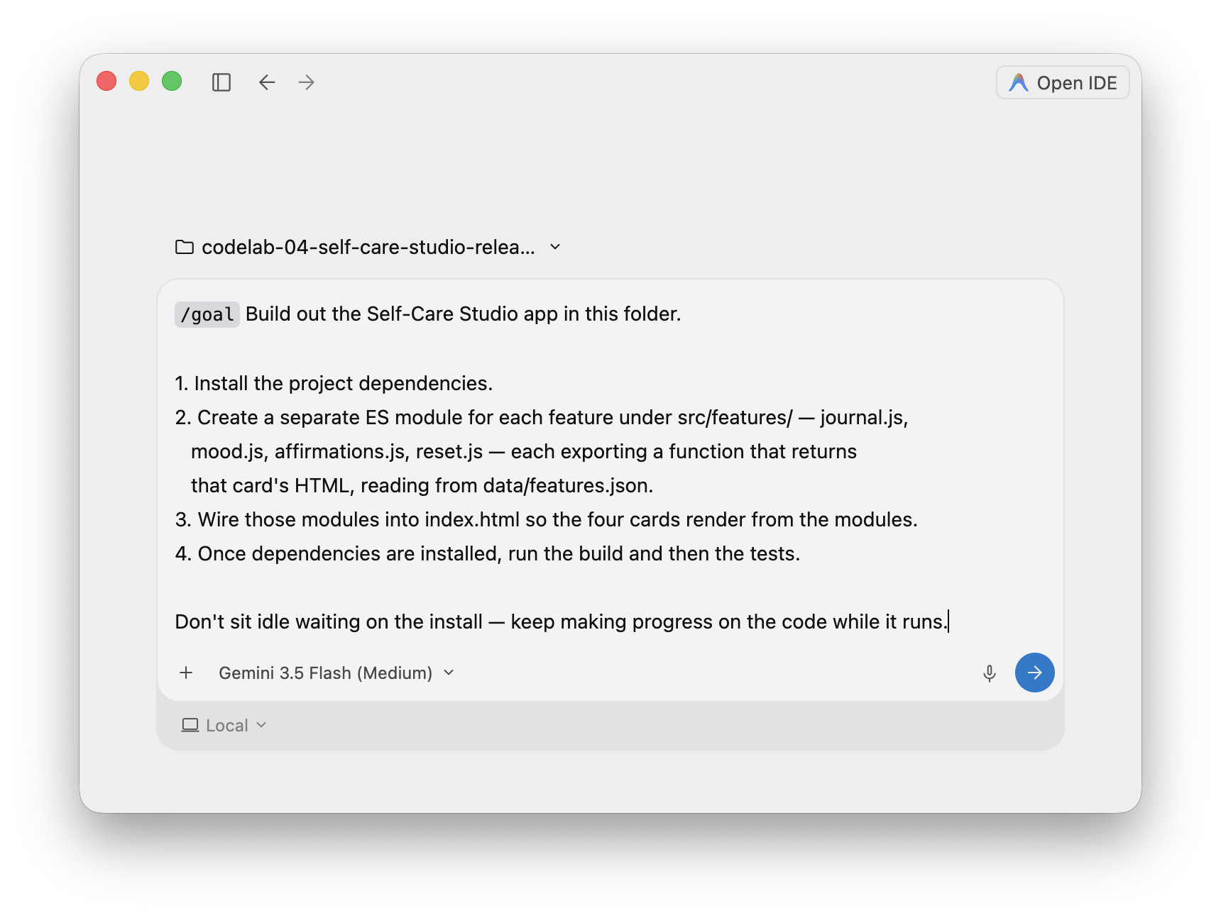The Self-Care Studio goal entered in the Antigravity 2.0 prompt, with the workspace folder selected and the Gemini 3.5 Flash model