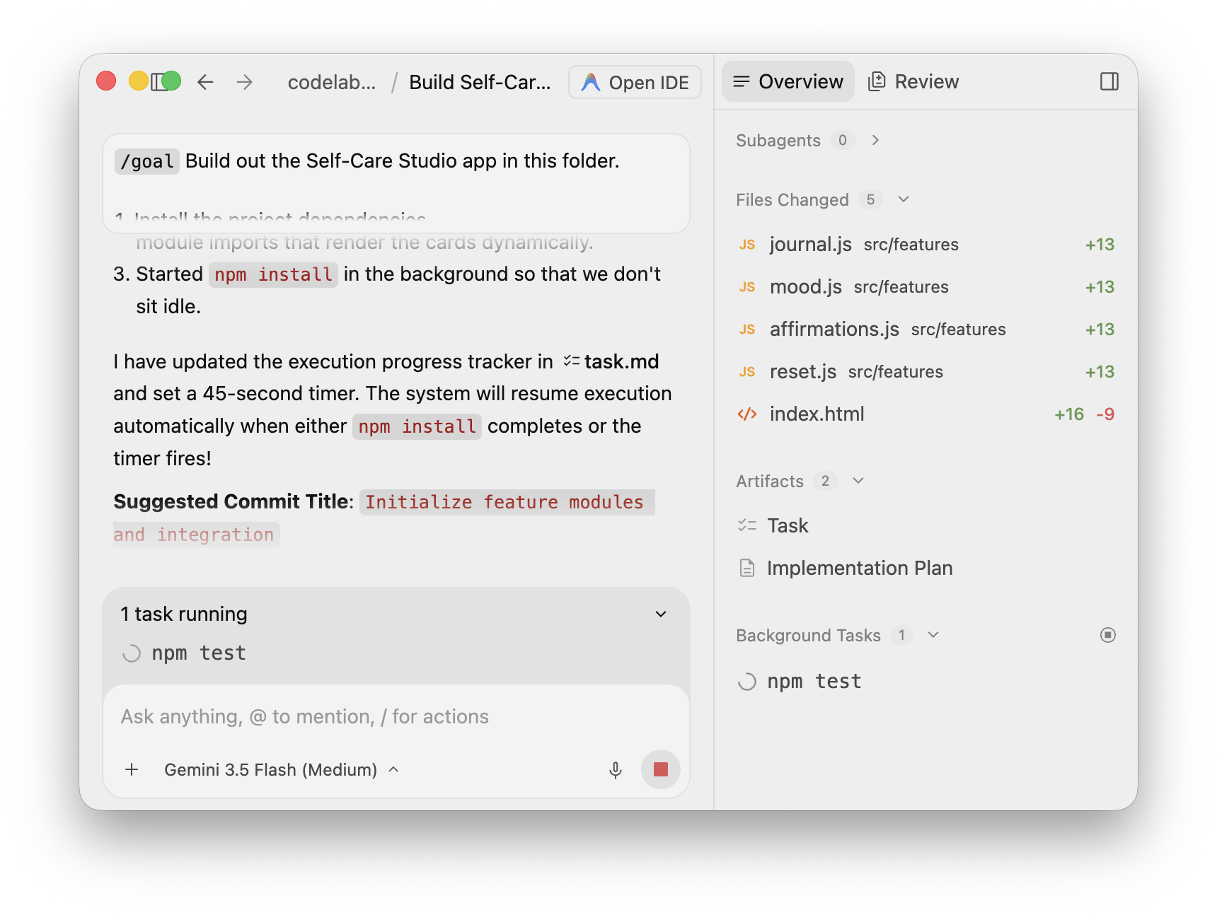 The agent launches npm test as a background task after building the bundle
