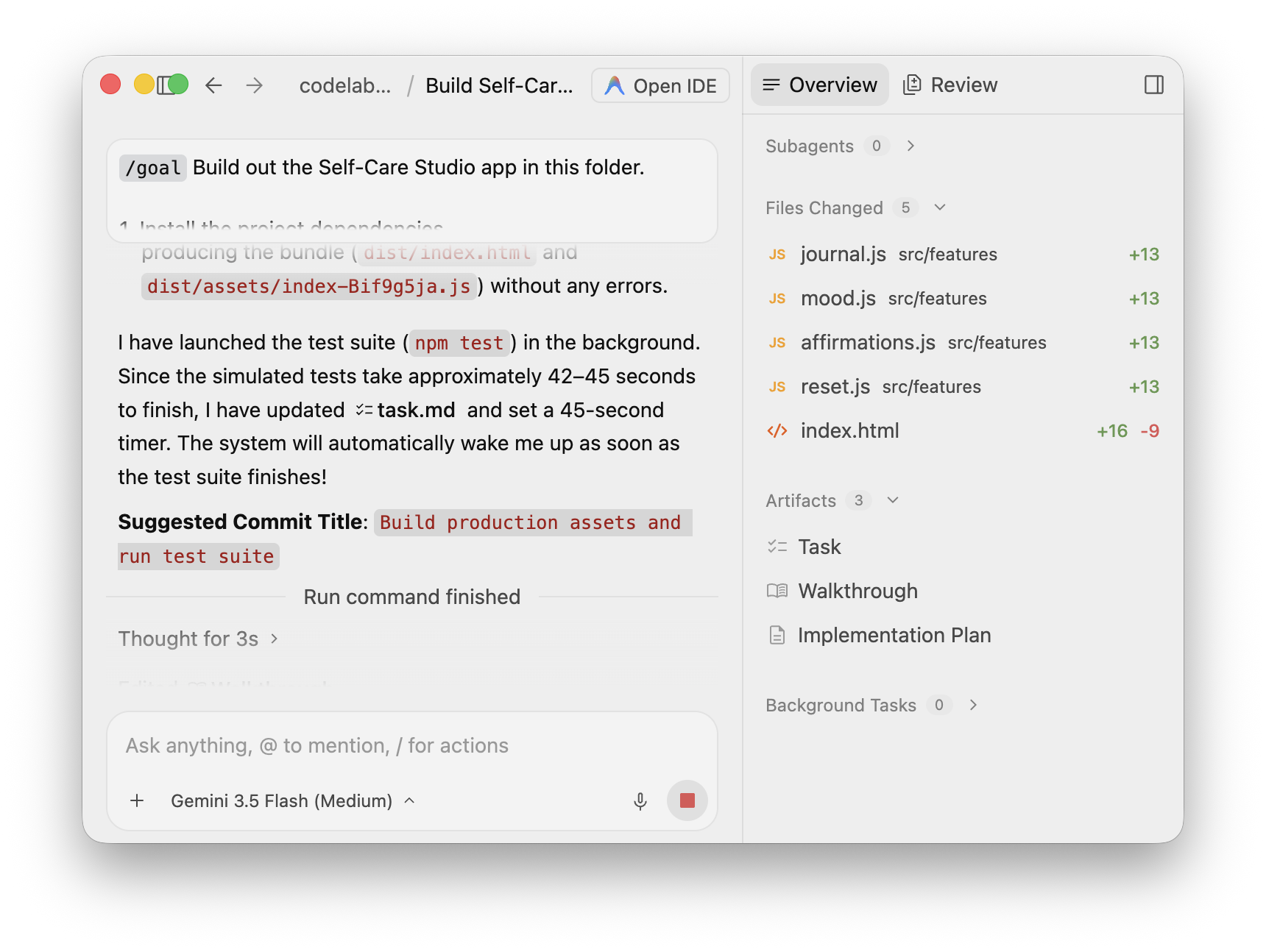 The completed run — Background Tasks empty, five files changed, and a Walkthrough artifact in the Overview panel