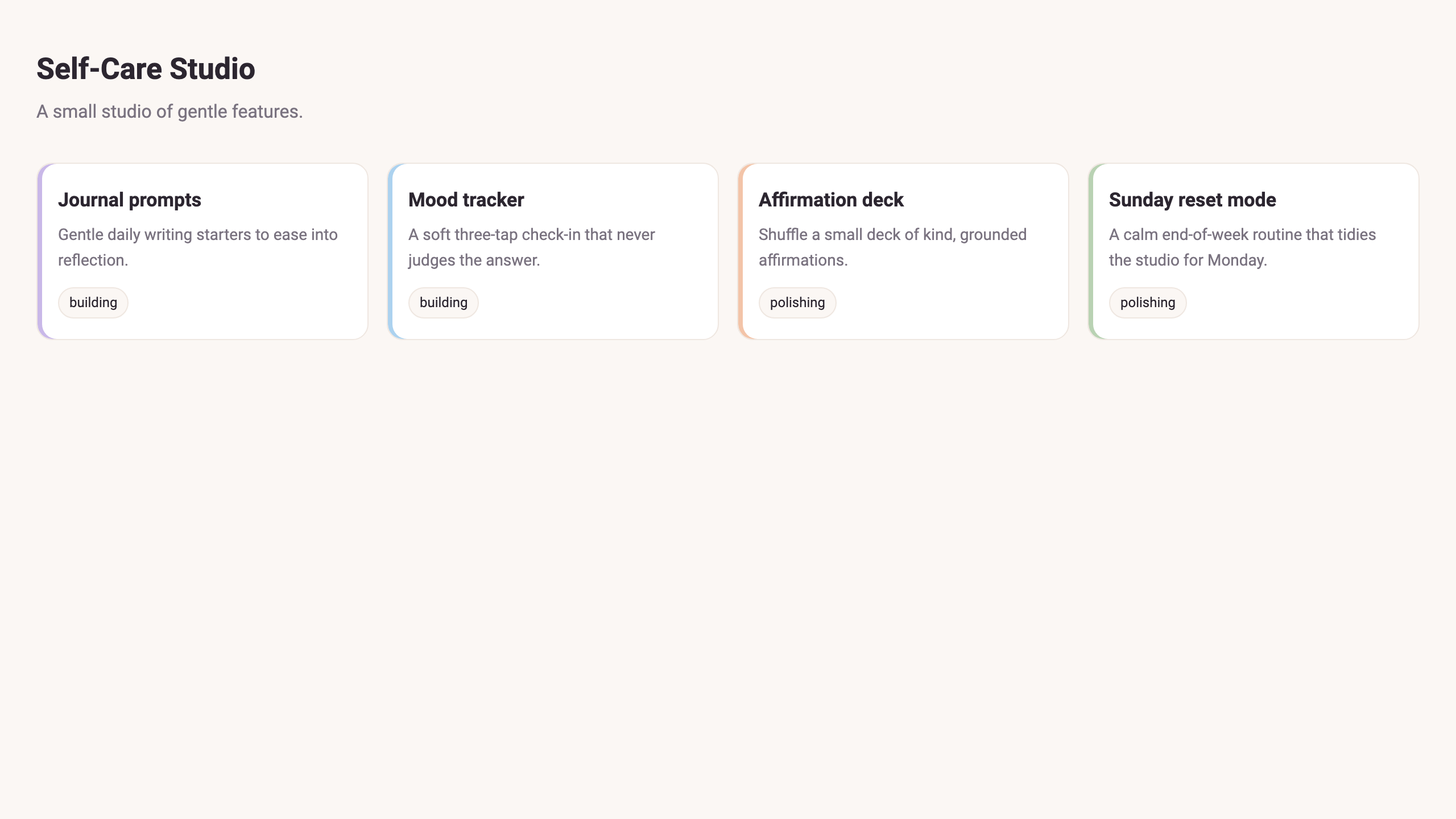 The finished Self-Care Studio app rendering four feature cards — journal prompts, mood tracker, affirmation deck, and Sunday reset mode — each with its accent color