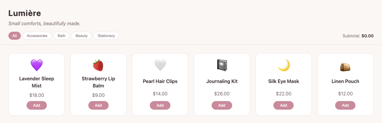 What you&rsquo;ll build: the finished Lumière boutique — a product grid, a category filter, and a cart subtotal — built by the agent from one goal