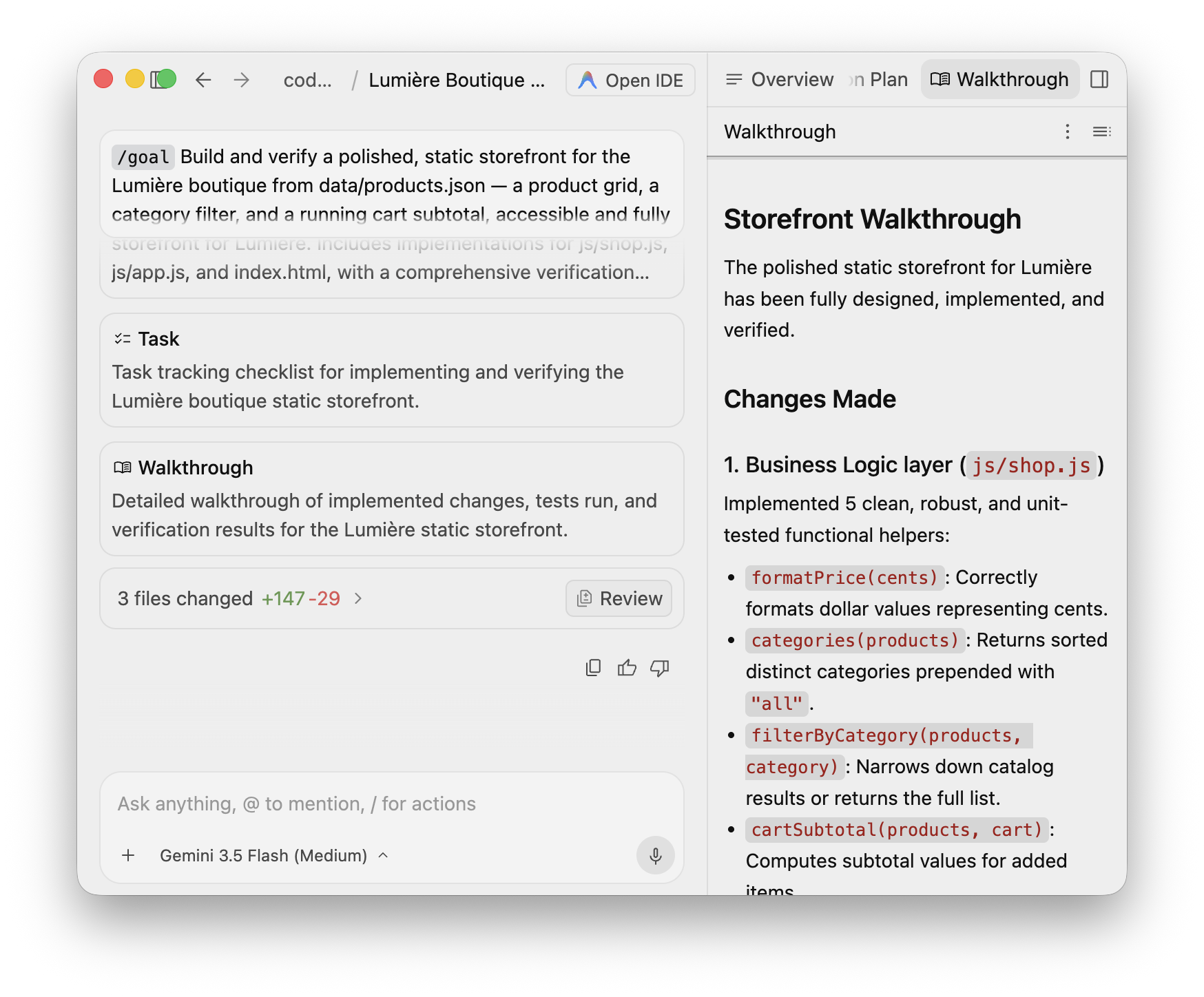The native Walkthrough artifact summarizing the finished, verified build