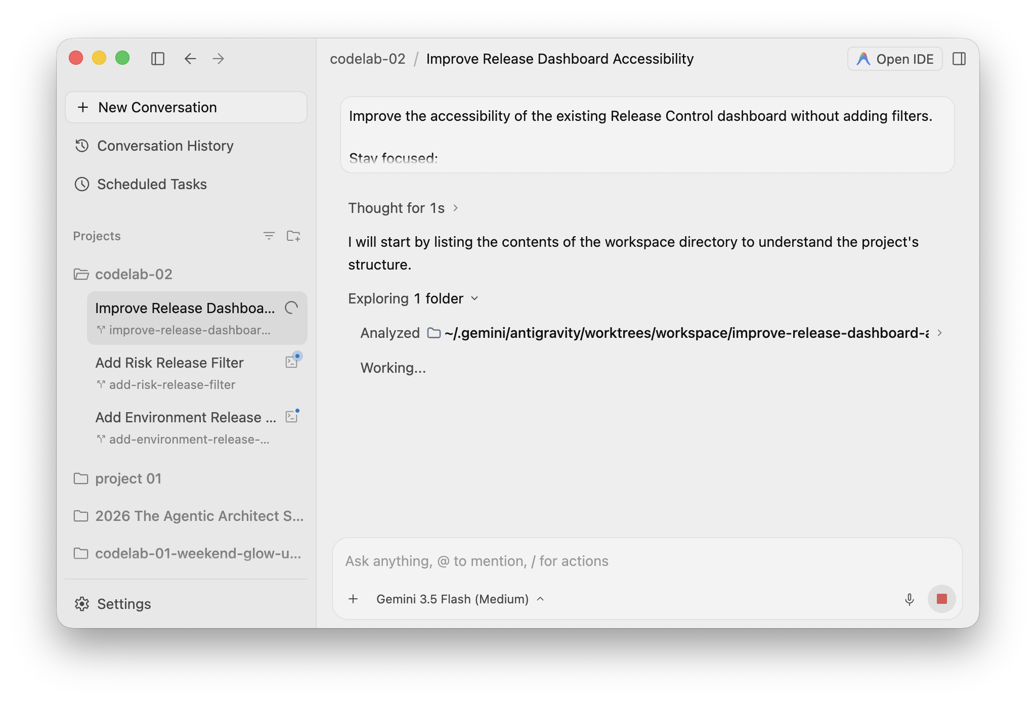 Three peer agents running concurrently in separate Antigravity 2.0 worktrees