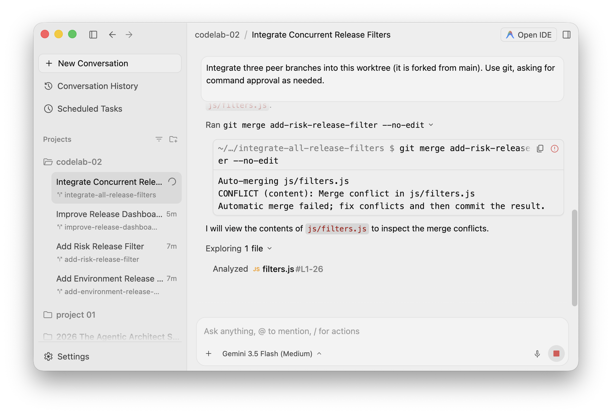 The integration agent encountering the js/filters.js merge conflict and opening the file to resolve it