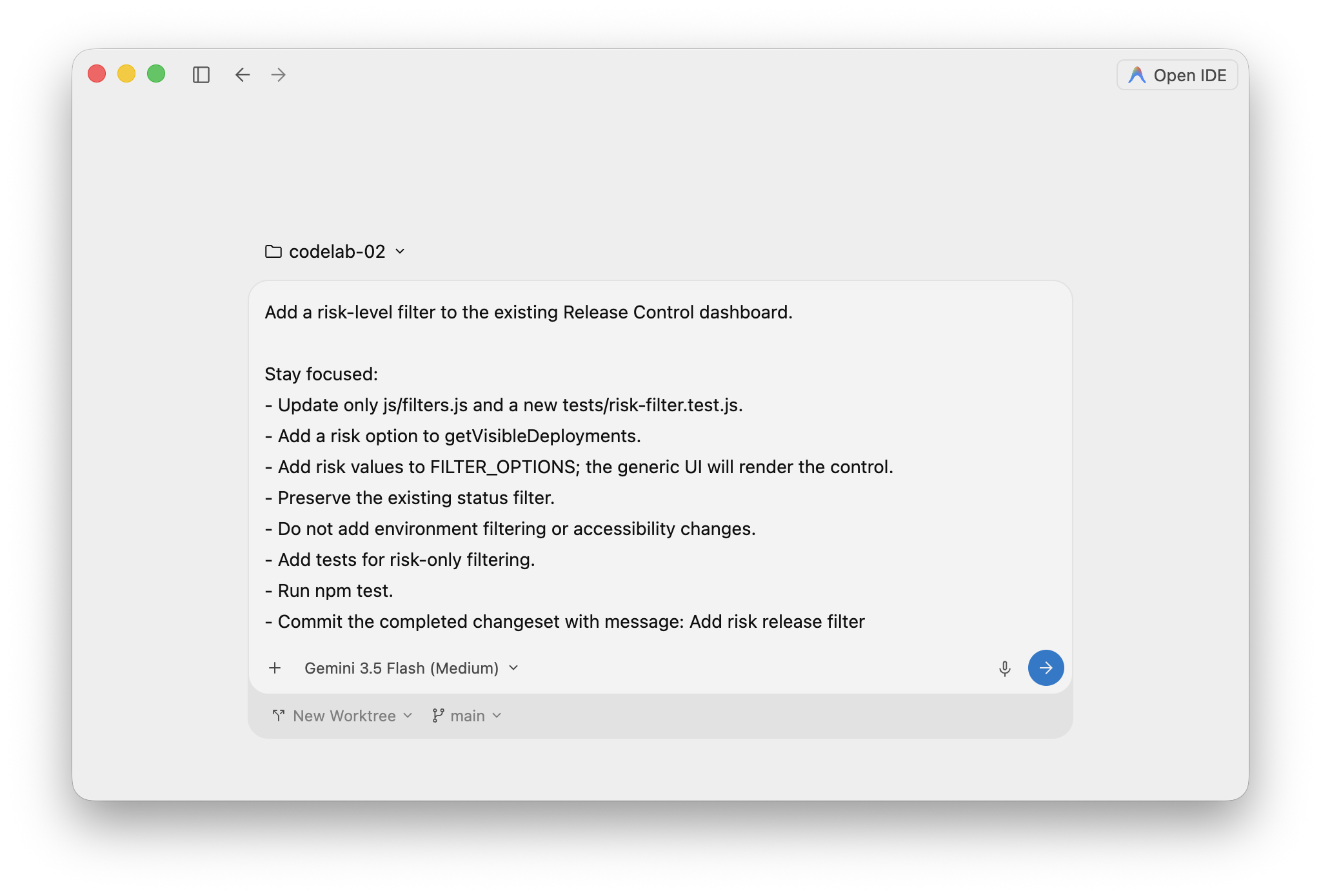 Antigravity 2.0 composer in New Worktree mode with a task brief, ready to launch an isolated agent