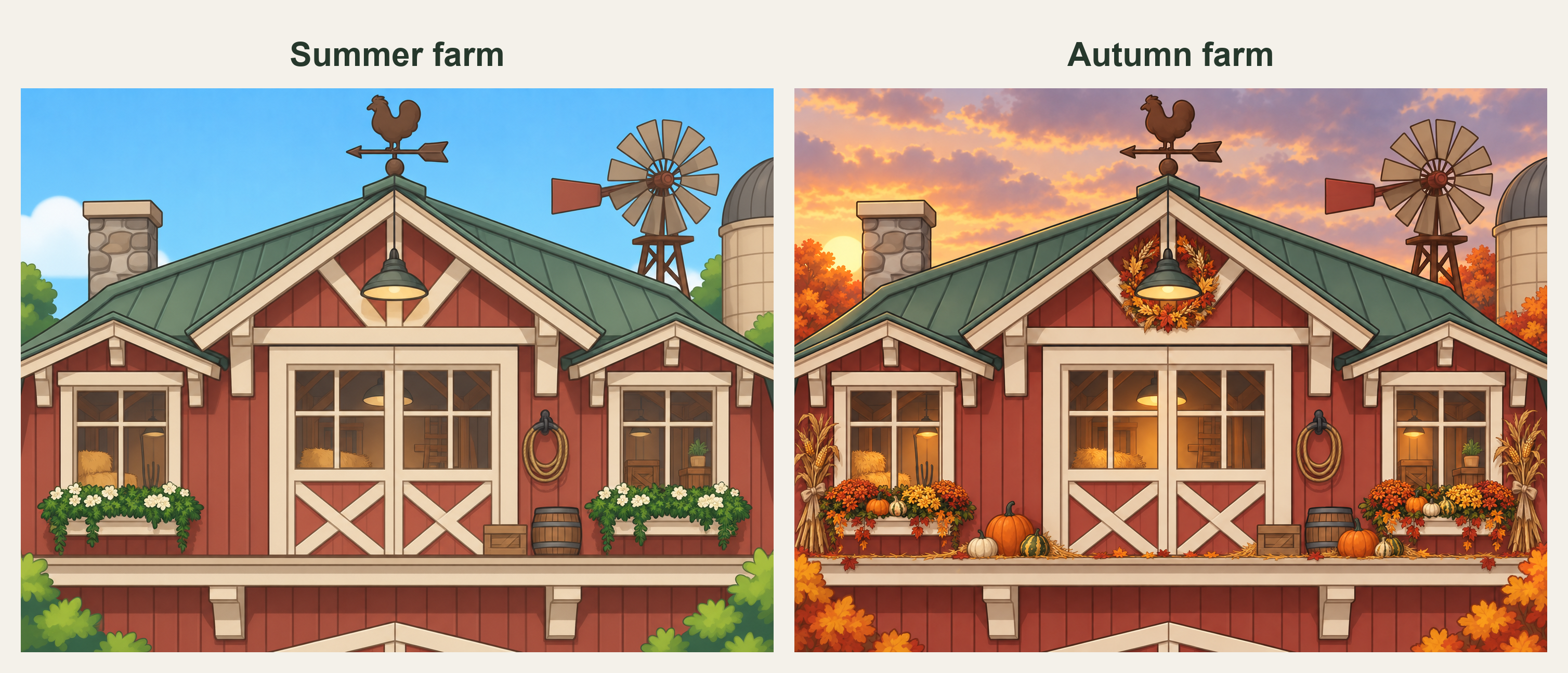 The same farm building in summer and in autumn: identical architecture, windmill and silo, with the sky, foliage, window boxes and props changed for the season