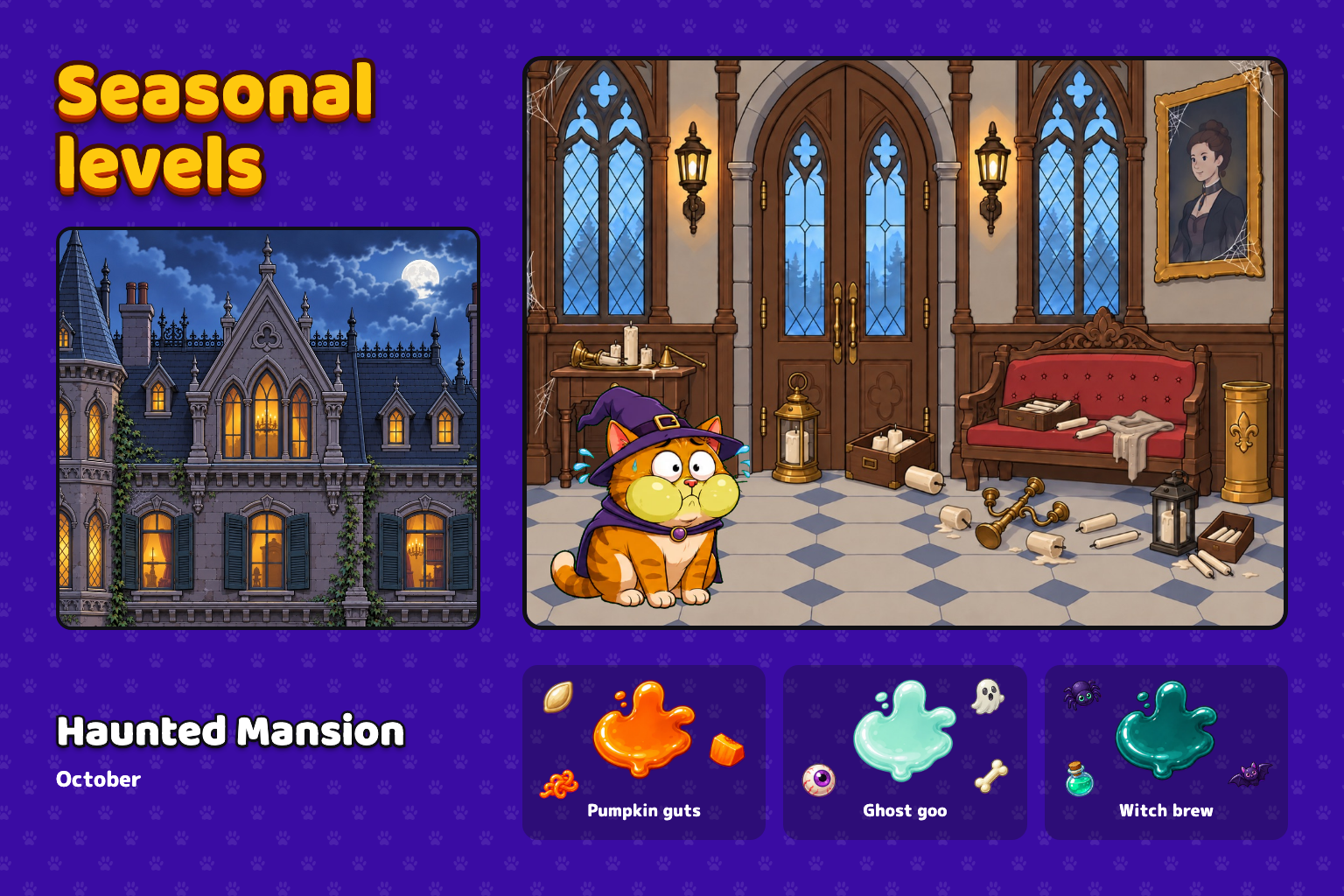 Seasonal levels: the Haunted Mansion building for October with its grand foyer, and the three slime palettes that come with it — Pumpkin guts, Ghost goo and Witch brew