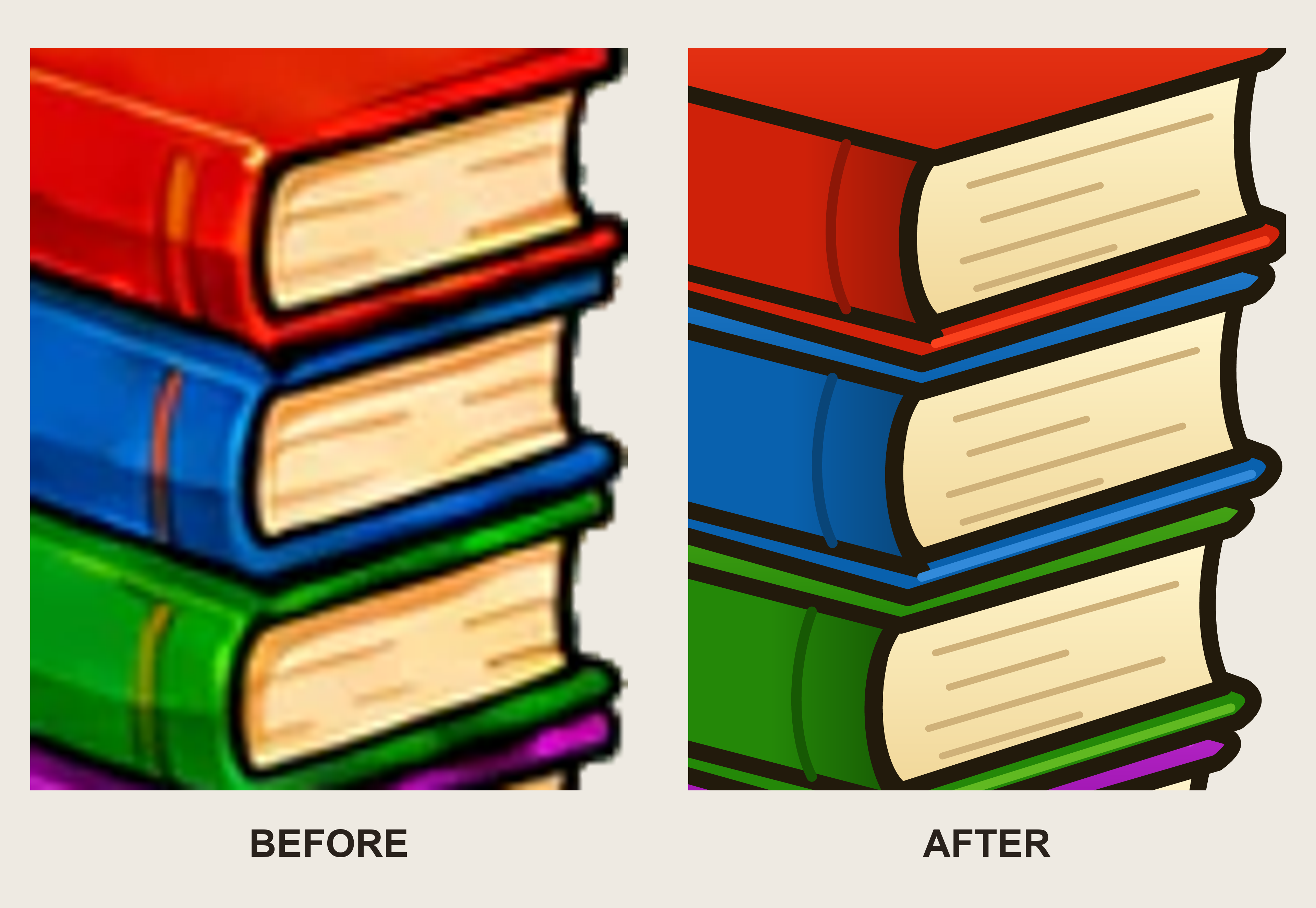 Tutorial room book stack, before and after: the original raster prop next to the hand-traced SVG that replaced it