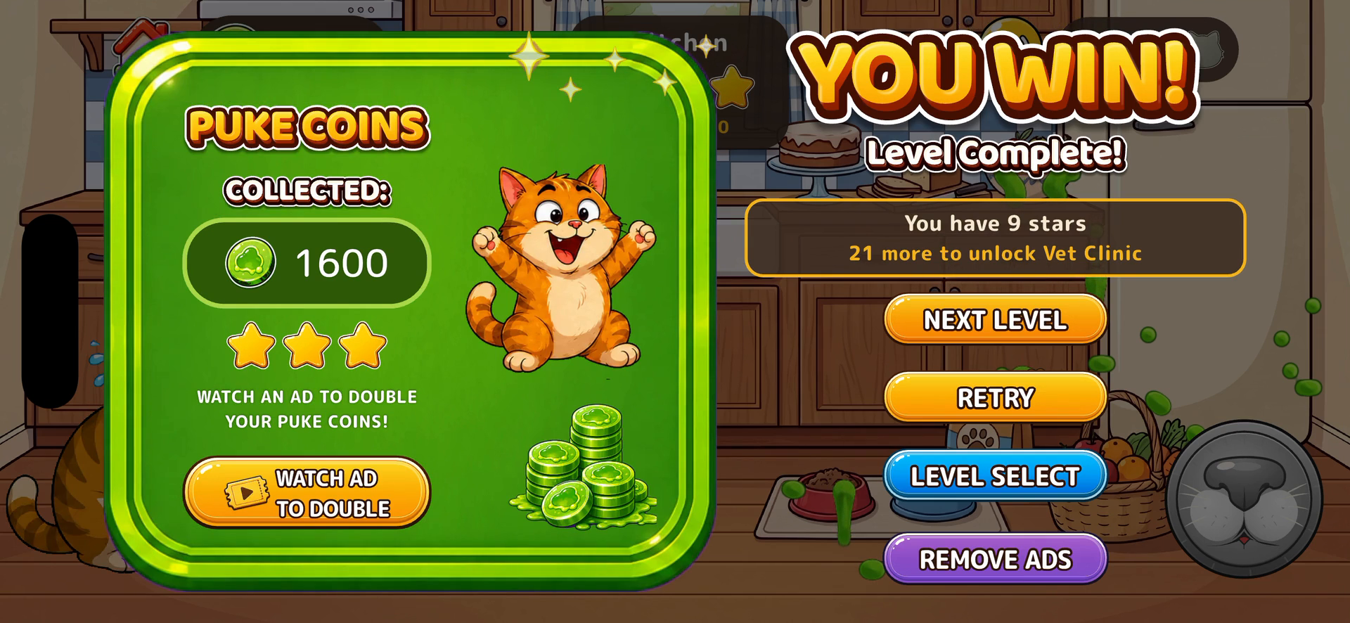 Puking Cat win panel: a rewarded “watch an ad to double your Puke Coins” card next to NEXT LEVEL, RETRY, LEVEL SELECT and REMOVE ADS
